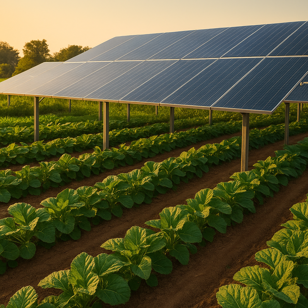 Solar panels installed above farmland with crops growing beneath, promoting dual-use agriculture and clean energy by JM Green Technologies.