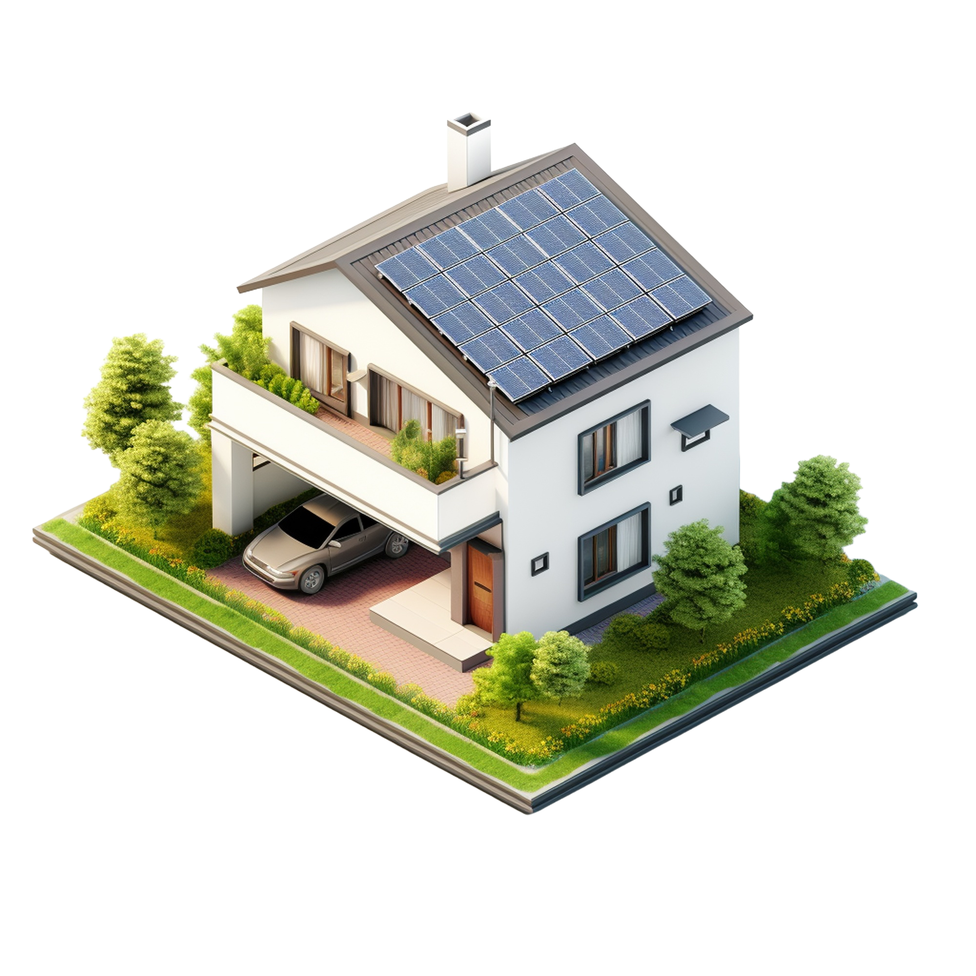 Modern house with rooftop solar panels in Kerala, surrounded by greenery, showcasing sustainable residential solar energy solutions