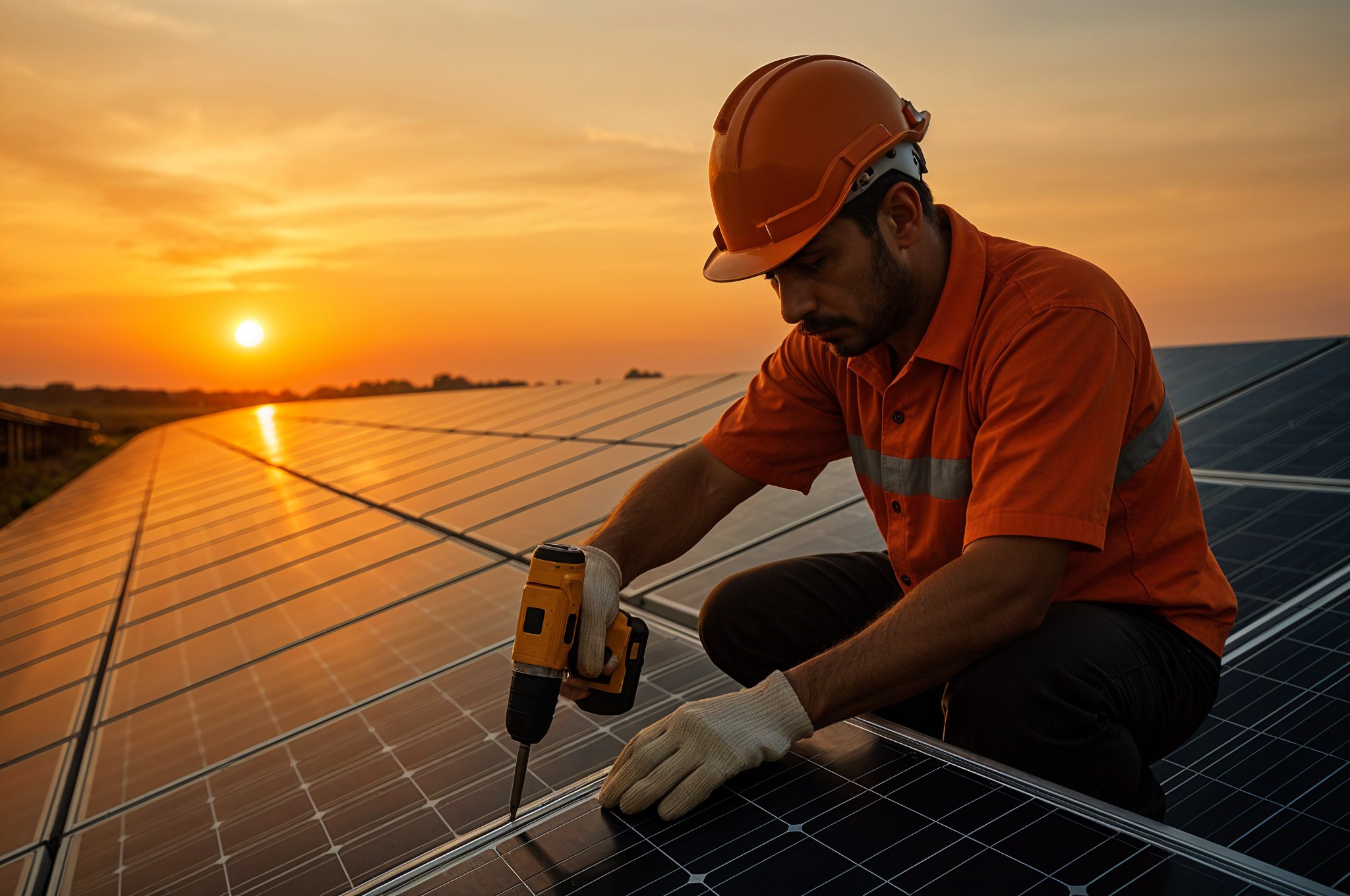 Solar panel technician cleaning and inspecting panels at sunset in India for optimal energy output