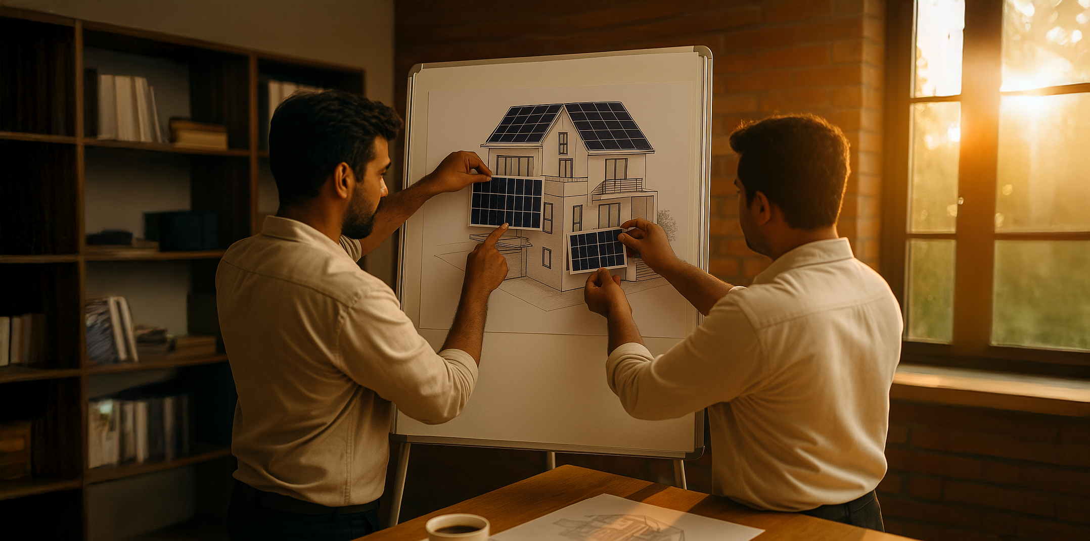 JM Green Technologies engineers designing a custom rooftop solar system using architectural sketches in a traditional Kerala office during sunset